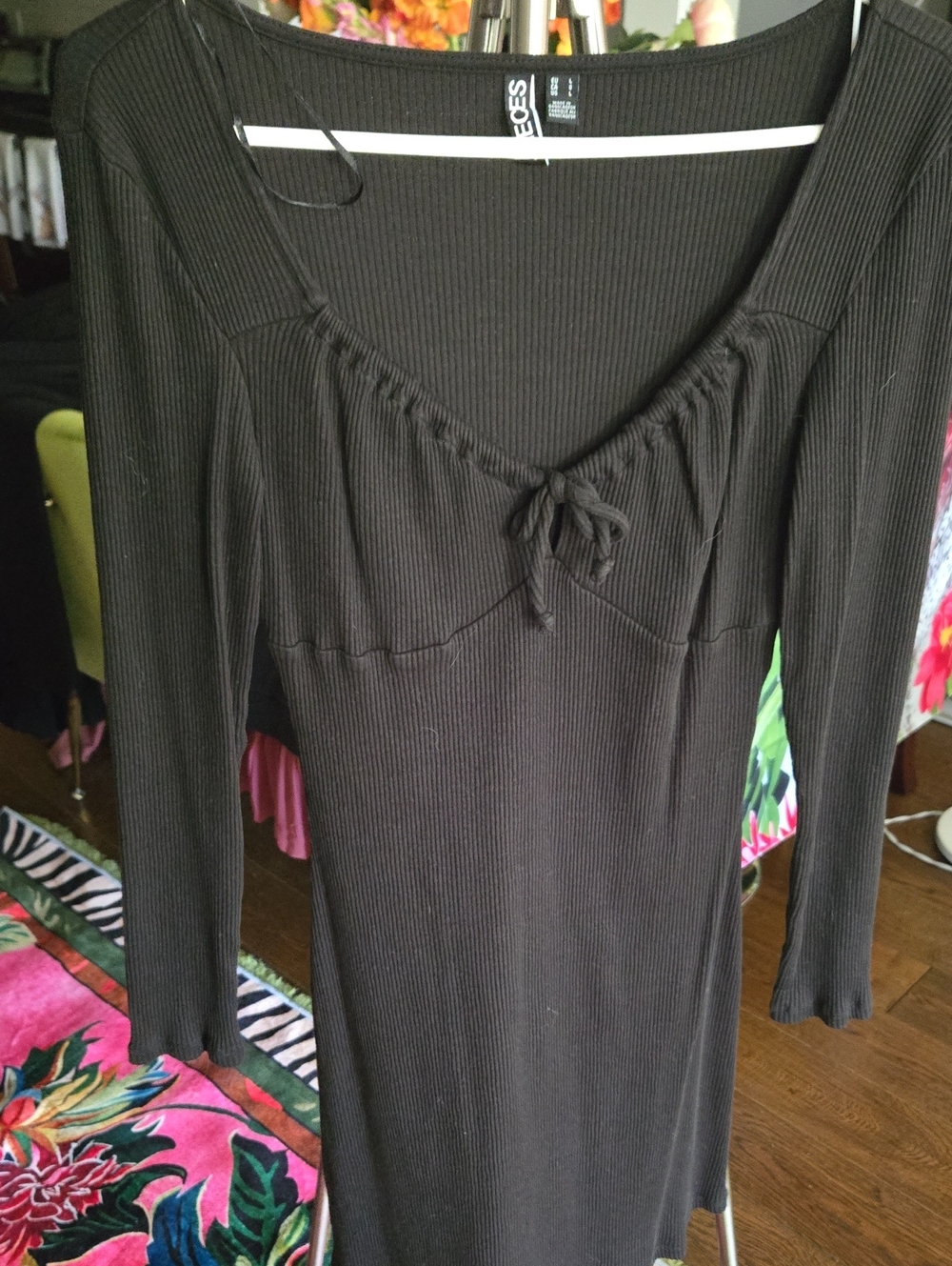 Ribbed Long-Sleeve Black Dress with Tie Neck